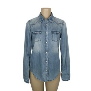 American Eagle Light Wash Denim Pearl Snap Shirt Size 8 Western Cowgirl Rodeo